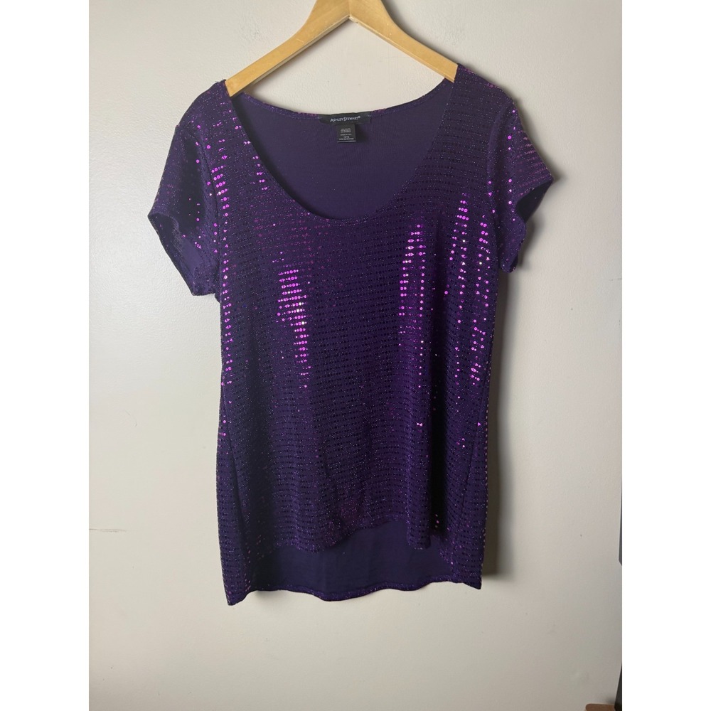 Ashley Stewart Blouse Womens 14/16 Purple Metallic Relax Shimmer Party Made USA